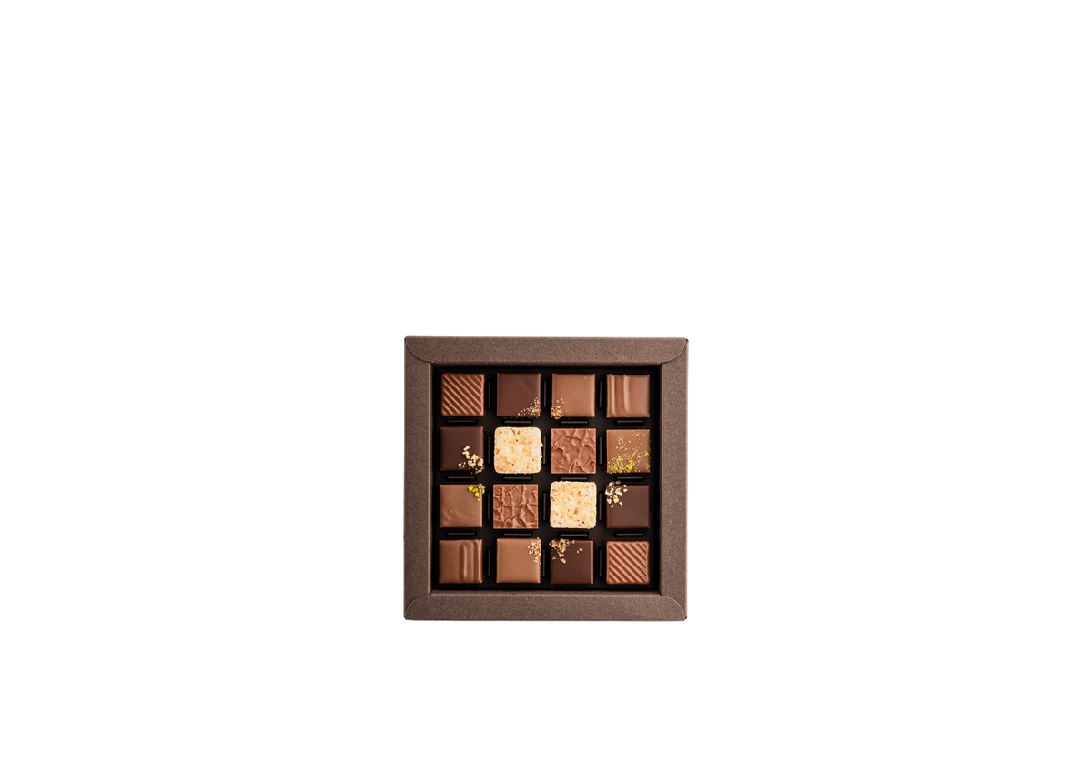 Boîte de 16 chocolats pralinés Favarger, assortiment de chocolats suisses aux fourrages pralinés, fabriqués à Genève. 