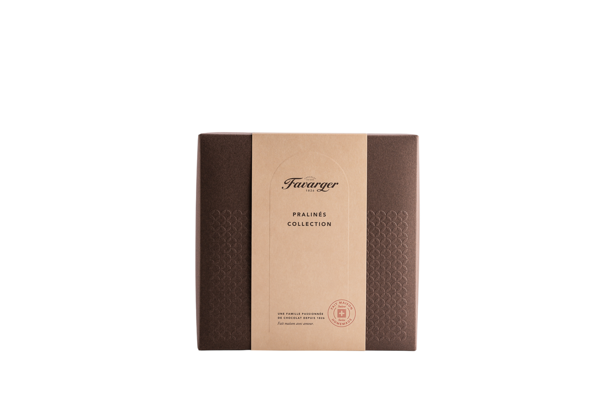 Coffret de 36 chocolats pralinés Favarger, assortiment de chocolats suisses aux fourrages pralinés, fabriqués à Genève.