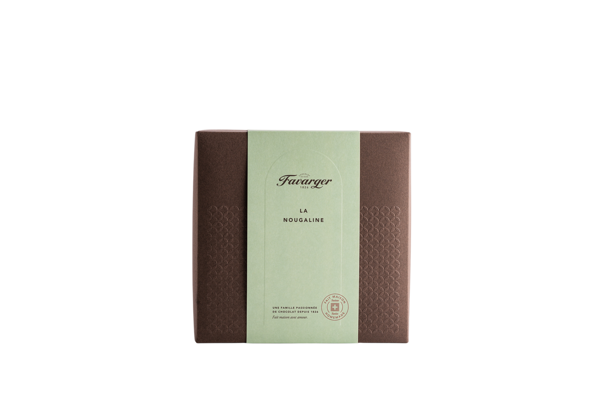 Coffret Nougaline Favarger, assortiment de chocolats suisses avec coque de nougatine croquante, fabriqués à Genève.