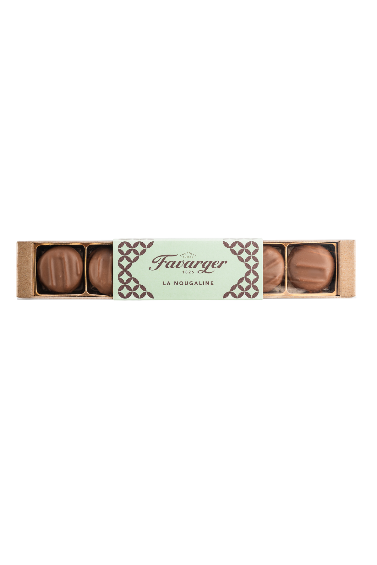 Réglette 6 Nougalines Favarger, chocolats suisses au praliné, coque de nougatine croquante et chocolat au lait.