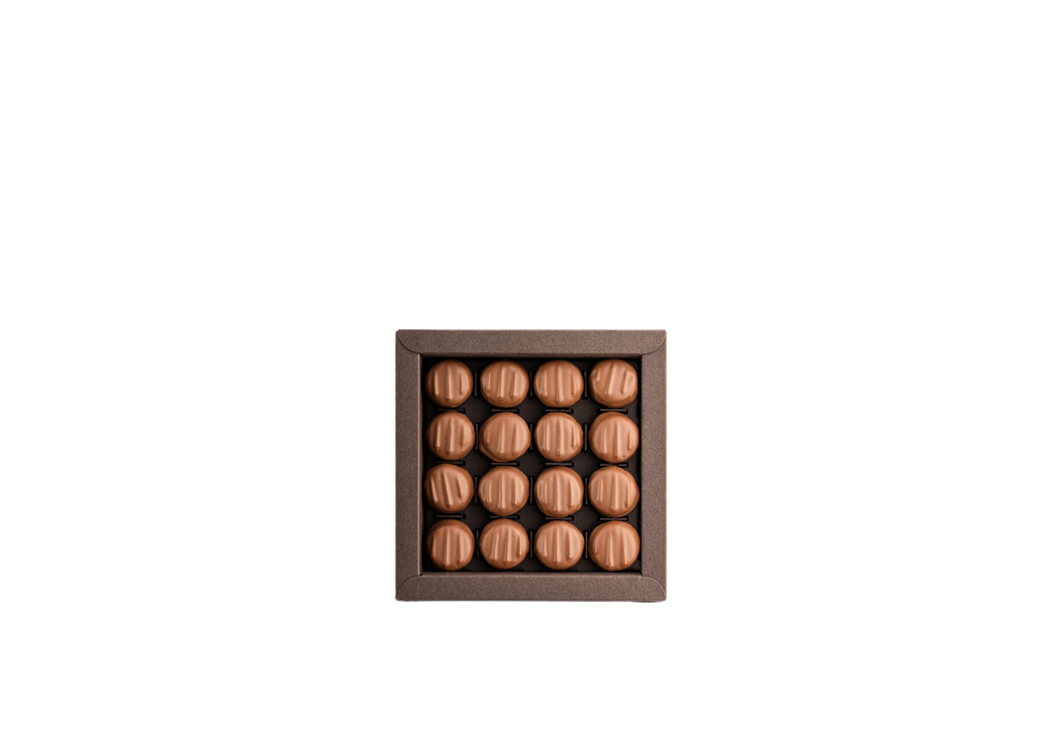 Boîte de 16 Nougalines Favarger, chocolats suisses avec coque de nougatine croquante et enrobage de chocolat au lait.