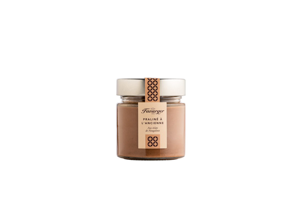 Pâte à tartiner Favarger au praliné à l'ancienne, recette artisanale suisse aux noisettes, pot de 220 g.